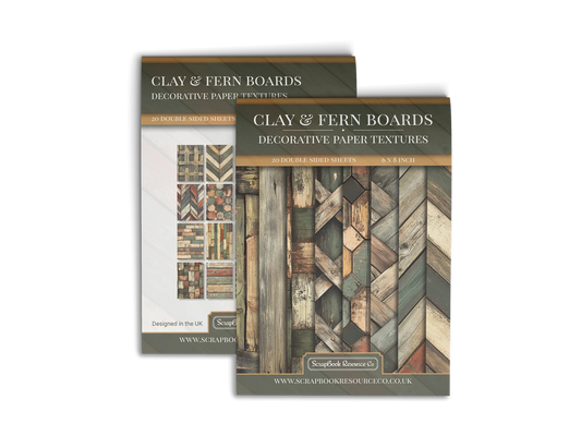 Front and Back cover of a decorative paper prints pad that contains green, orange and brown coloured wooden textures