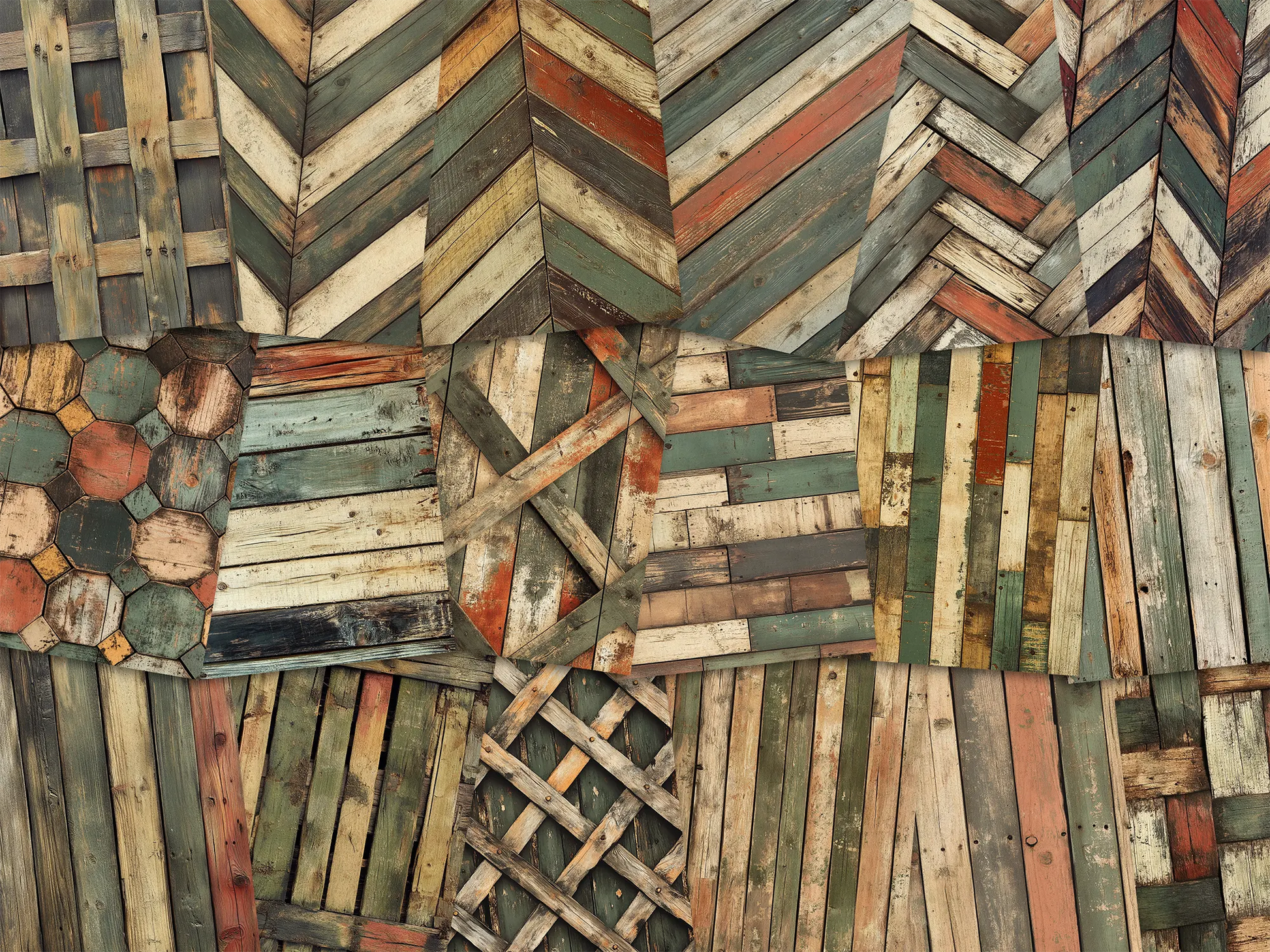 Collage of paper sheets showing the content of the wooden textures prints pad. The images on the paper sheets are wooden textures in green, brown and orange colours
