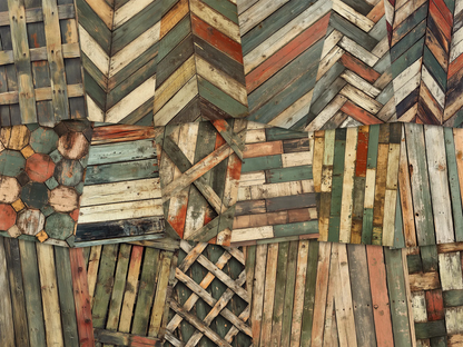 Collage of paper sheets showing the content of the wooden textures prints pad. The images on the paper sheets are wooden textures in green, brown and orange colours