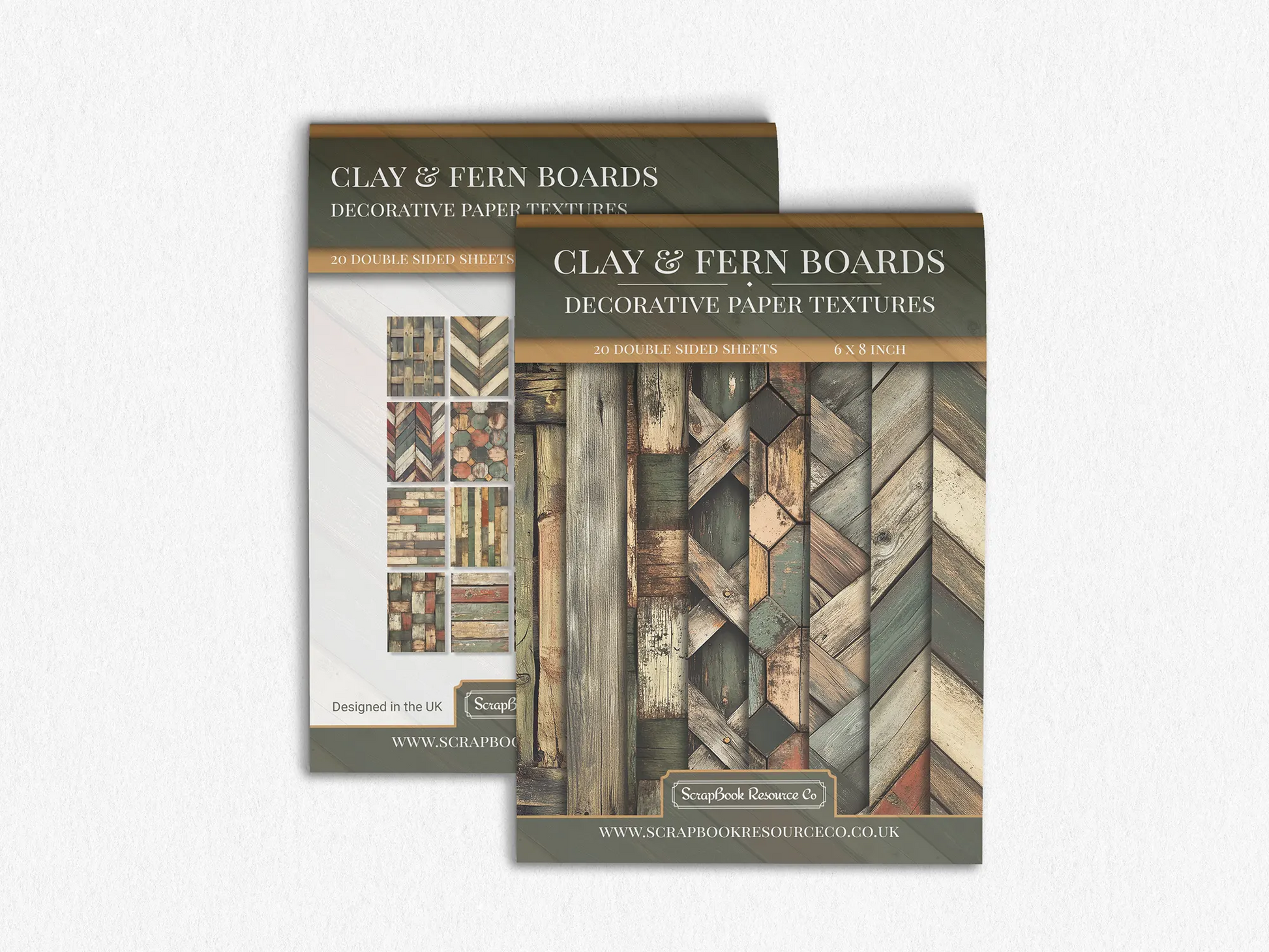 Front and Back cover of a decorative paper prints pad that contains green, orange and brown coloured wooden textures