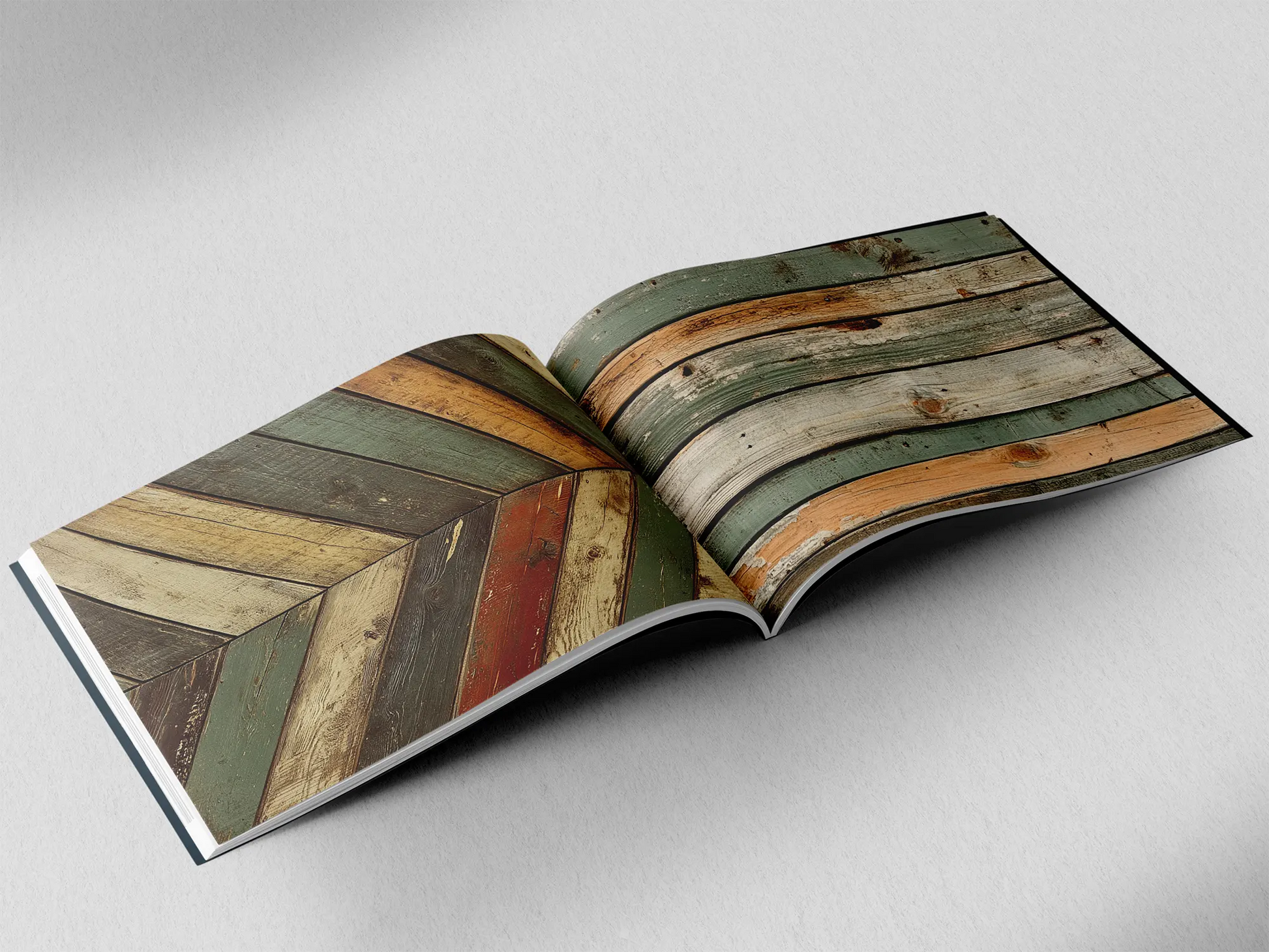 open book showing the inside pages of the decorative wooden textures prints pad. The picture inside the book is an green and brown and orange wooden boards texture