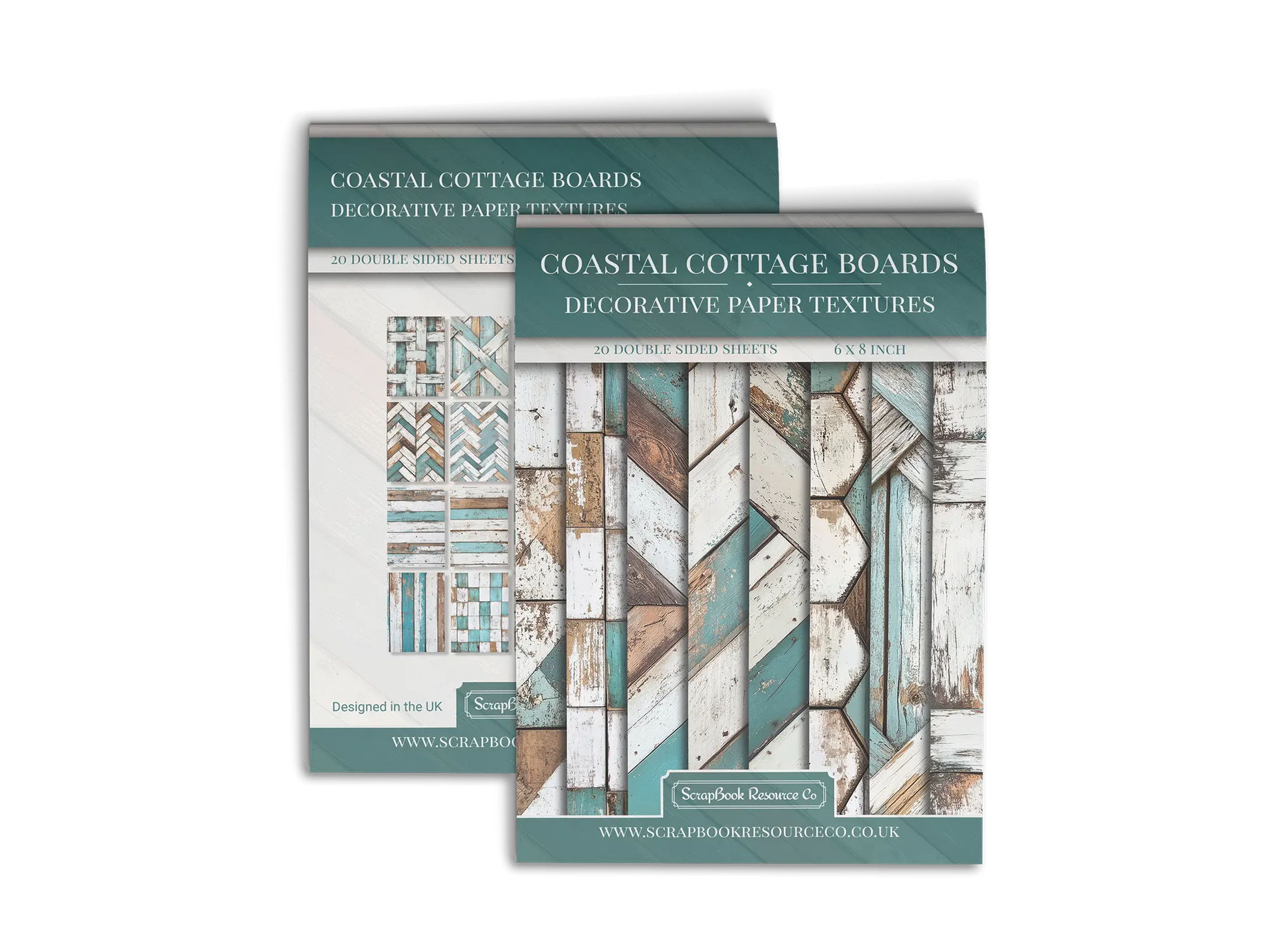 Front and Back cover of a decorative paper prints pad that contains turquoise and white coloured wooden textures