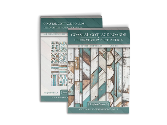 Front and Back cover of a decorative paper prints pad that contains turquoise and white coloured wooden textures
