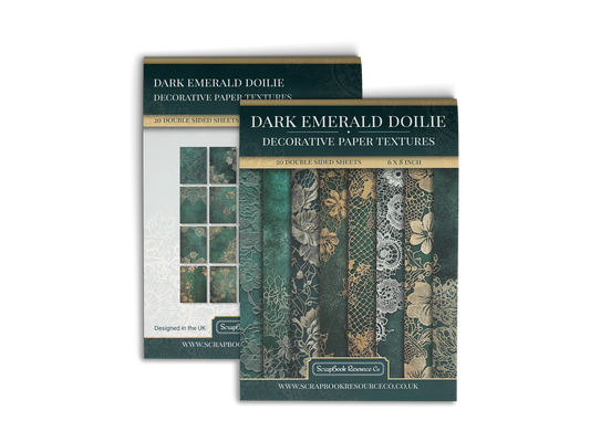 Front and Back cover of a decorative paper prints pad that contains dark green vintage doilie patterns