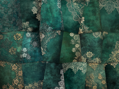 Patterned paper with floral and lace designs in shades of green.