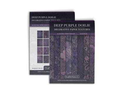 Front and Back cover of a decorative paper prints pad that contains dark purple vintage doilie patterns