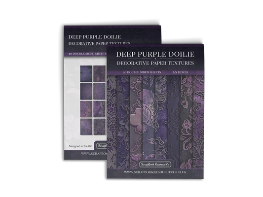 Front and Back cover of a decorative paper prints pad that contains dark purple vintage doilie patterns