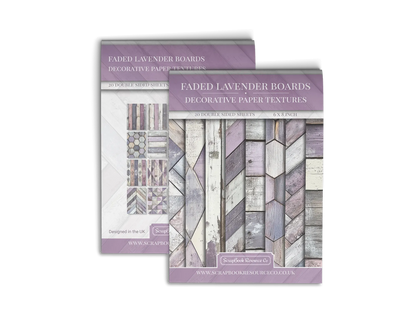 Front and Back cover of a decorative paper prints pad that contains Lilac and white coloured wooden textures