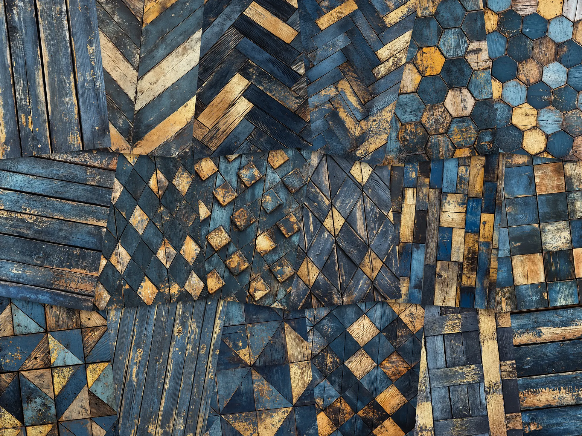 Collage of paper sheets showing the content of the wooden textures prints pad. The images on the paper sheets are wooden textures in dark blue and gold colours