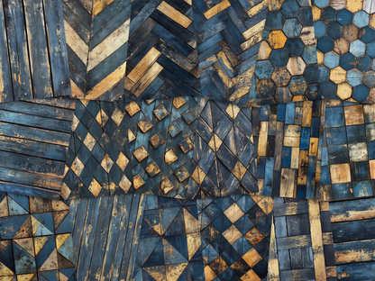 Collage of paper sheets showing the content of the wooden textures prints pad. The images on the paper sheets are wooden textures in dark blue and gold colours