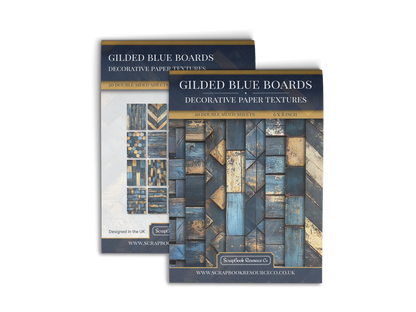 Front and Back cover of a decorative paper prints pad that contains dark blue and gold coloured wooden textures