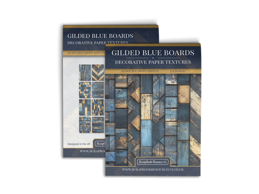 Front and Back cover of a decorative paper prints pad that contains dark blue and gold coloured wooden textures