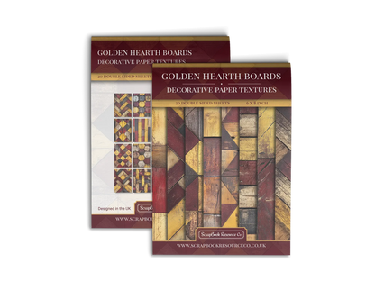 Front and Back cover of a decorative paper prints pad that contains red and gold coloured wooden textures
