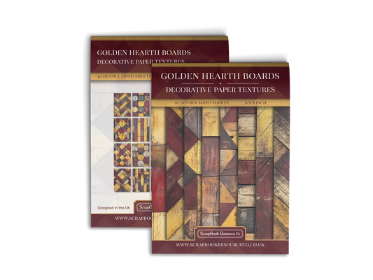 Front and Back cover of a decorative paper prints pad that contains red and gold coloured wooden textures