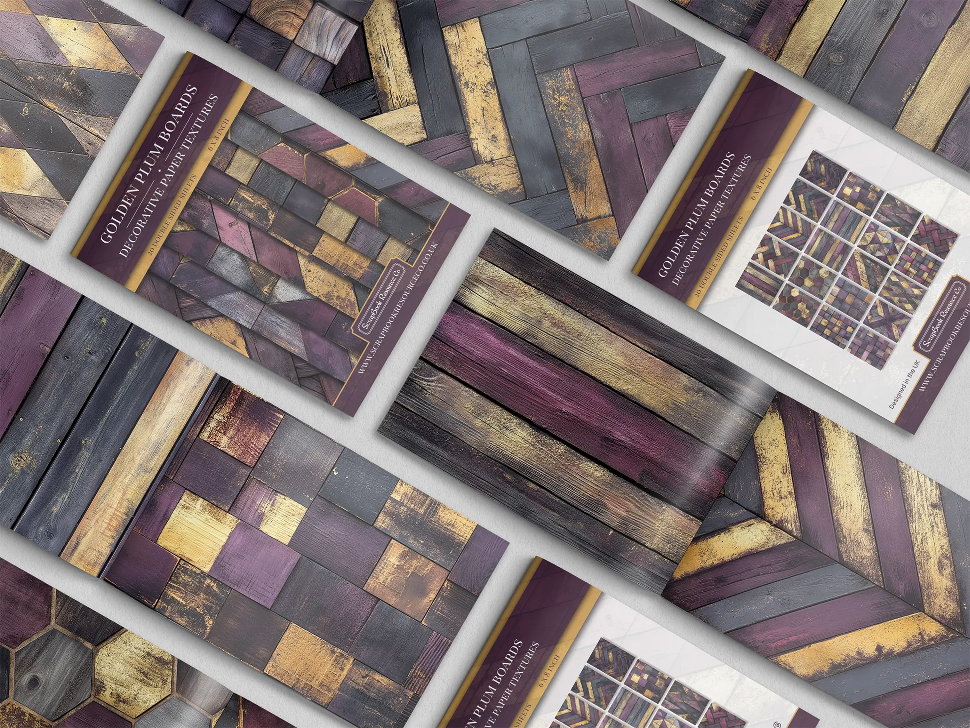 Collage of print pads organised into neat rows opened on various pages to display the inside pages which contain purple and gold coloured wooden textures