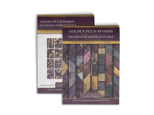 Front and Back cover of a decorative paper prints pad that contains purple and gold coloured wooden textures