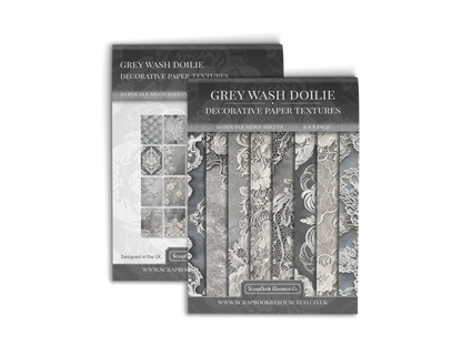 Front and Back cover of a decorative paper prints pad that contains grey and white vintage doilie patterns