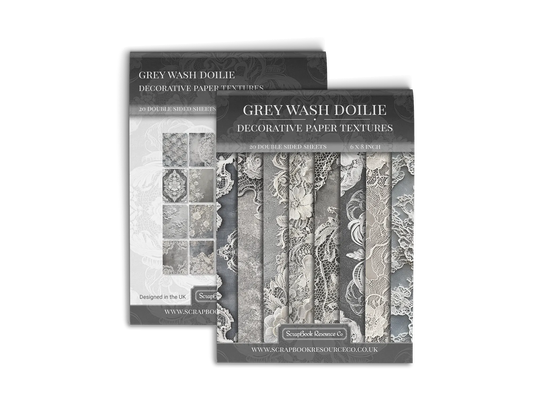 Front and Back cover of a decorative paper prints pad that contains grey and white vintage doilie patterns