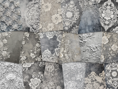 Patterned paper with floral and lace designs in shades of grey and white.