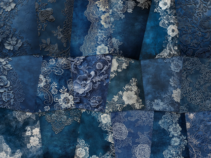 Patterned paper with floral and lace designs in shades of dark blue and white.