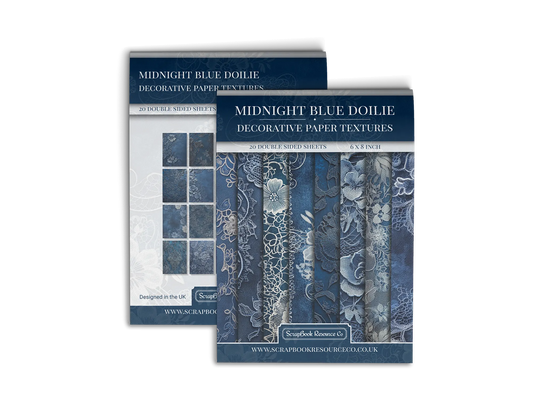 Front and Back cover of a decorative paper prints pad that contains dark blue and white vintage doilie patterns