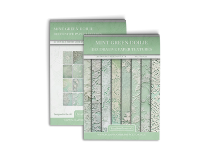 Front and Back cover of a decorative paper prints pad that contains mint green and white coloured vintage doilie patterns