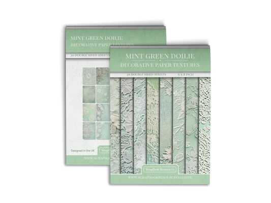 Front and Back cover of a decorative paper prints pad that contains mint green and white coloured vintage doilie patterns