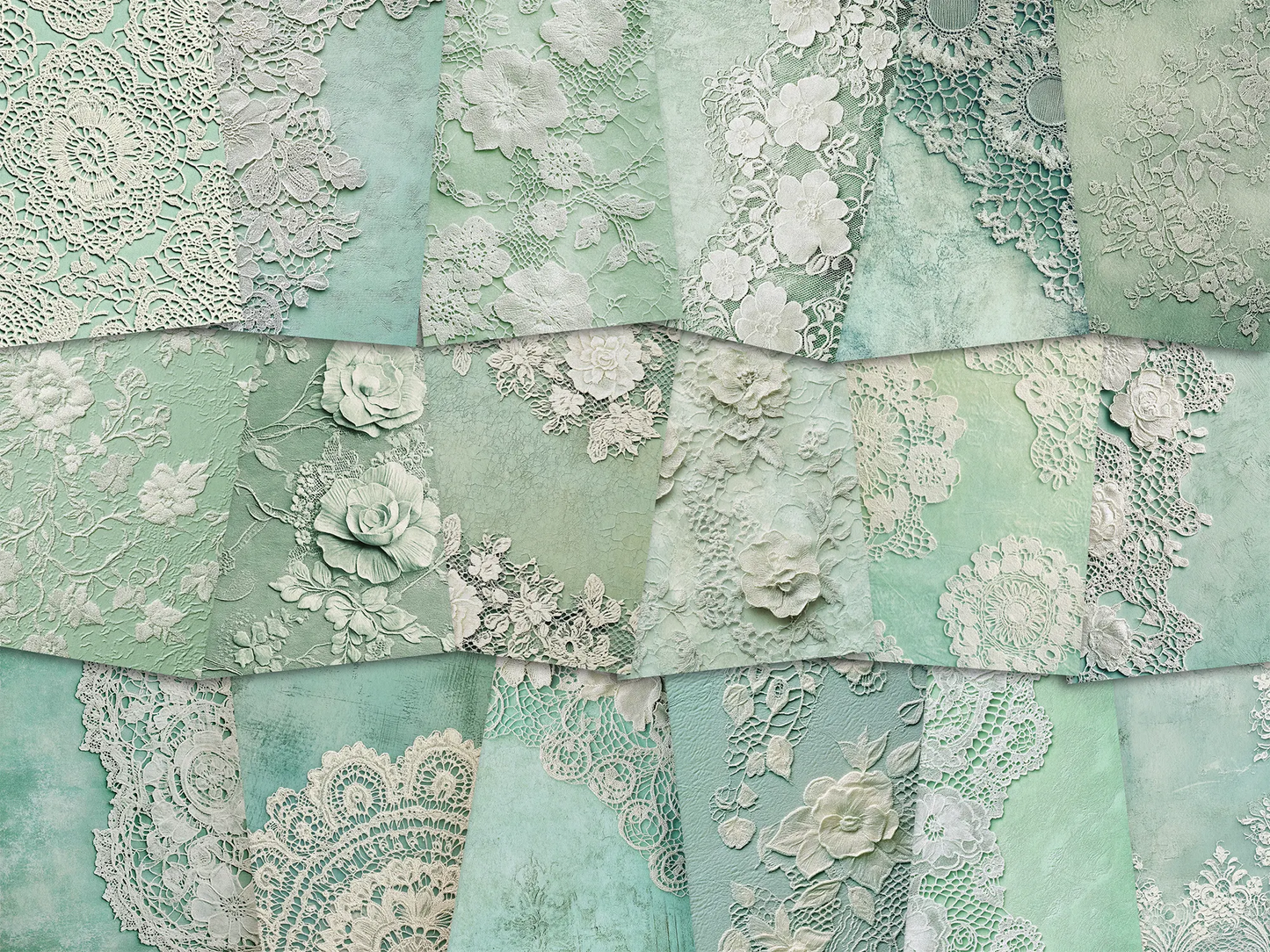 Patterned paper with floral and lace designs in shades of green and white.