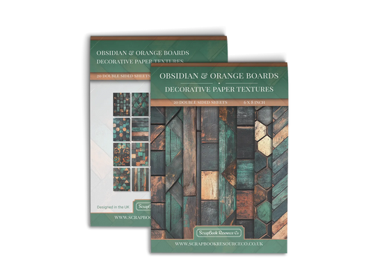 Front and Back cover of a decorative paper prints pad that contains green, orange and black coloured wooden textures