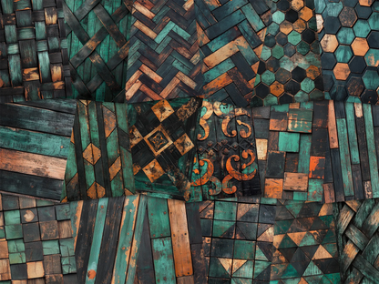 Collage of paper sheets showing the content of the wooden textures prints pad. The images on the paper sheets are wooden textures in orange and black and turquoise colours