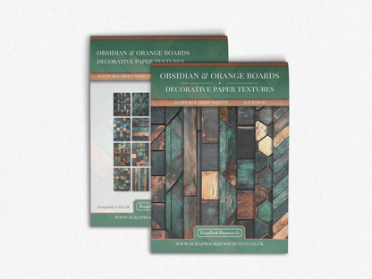 Front and Back cover of a decorative paper prints pad that contains green, orange and black coloured wooden textures