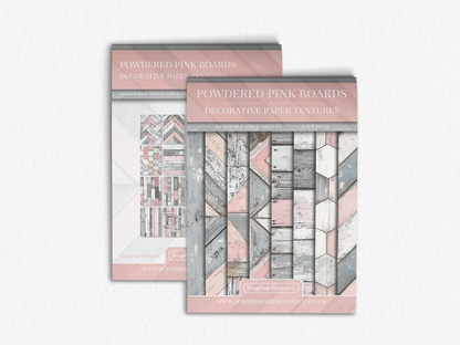 Front and Back cover of a decorative paper prints pad that contains pink and grey coloured wooden textures