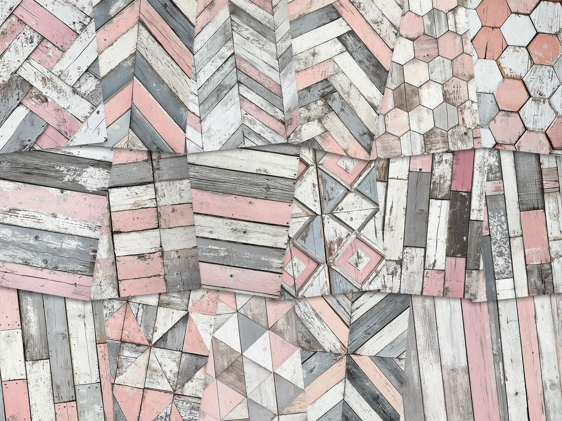 Collage of paper sheets showing the content of the wooden textures prints pad. The images on the paper sheets are wooden textures in pink and grey colours