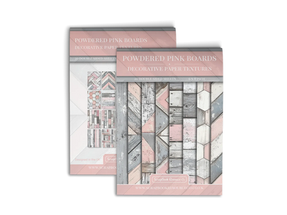 Front and Back cover of a decorative paper prints pad that contains pink and grey coloured wooden textures