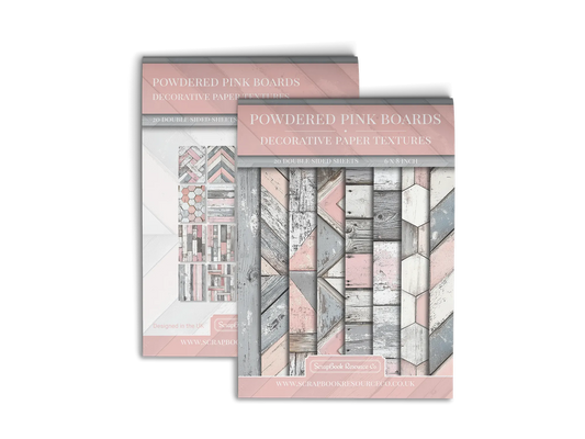 Front and Back cover of a decorative paper prints pad that contains pink and grey coloured wooden textures