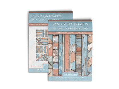 Front and Back cover of a decorative paper prints pad that contains light blue and orange coloured wooden textures