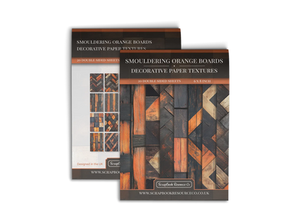 Front and Back cover of a decorative paper prints pad that contains orange and black coloured wooden textures
